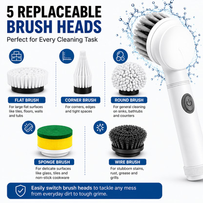 Cordless Electric Spin Scrubber | 5 Brush Heads | Powerful Bathroom & Kitchen Cleaning Tool