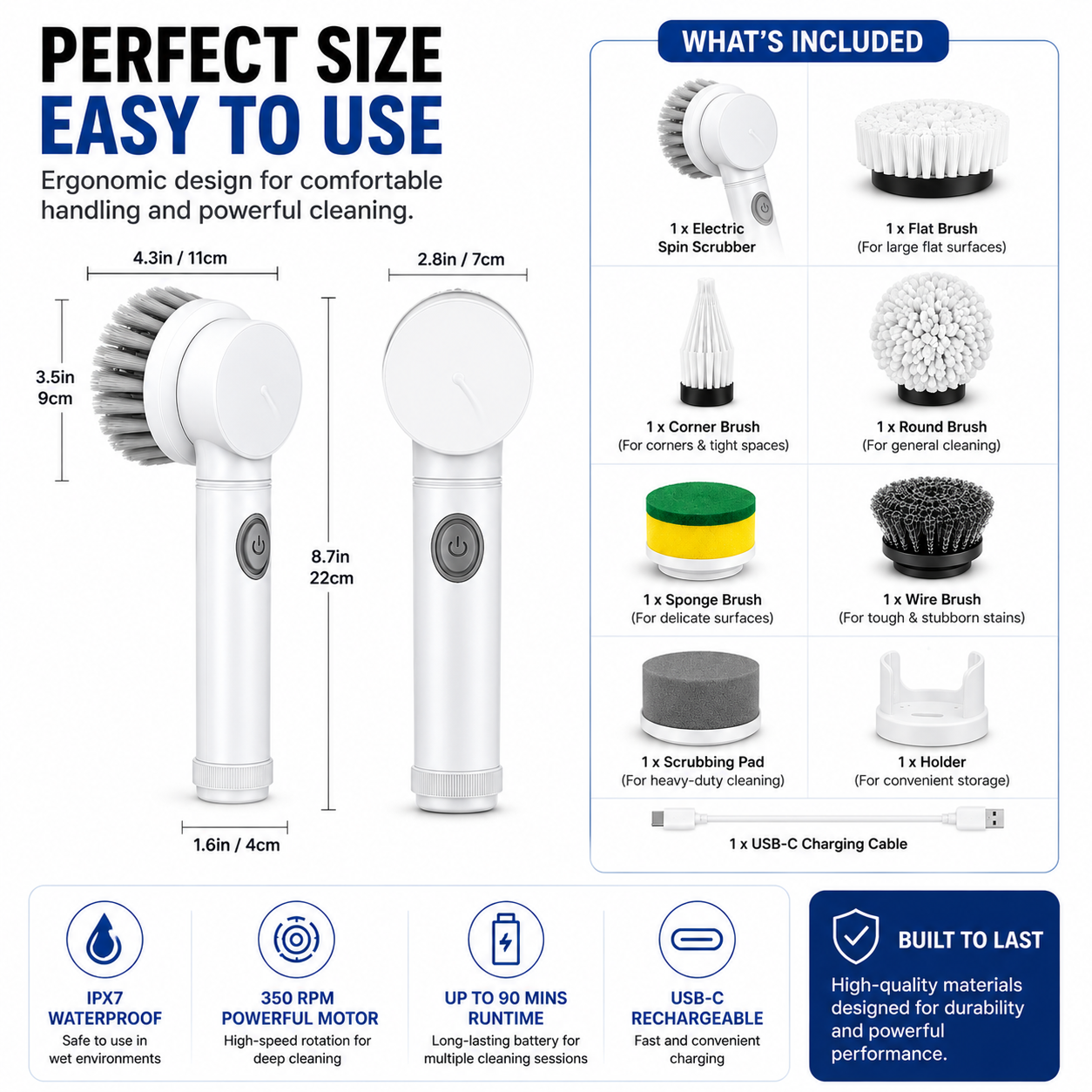 Cordless Electric Spin Scrubber | 5 Brush Heads | Powerful Bathroom & Kitchen Cleaning Tool