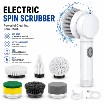 Powerful Cordless Electric Spin Scrubber - Ultimate Bathroom Cleaning Brush with 5 Versatile Replaceable Brush Heads